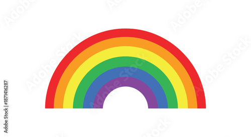 A vibrant and colorful rainbow arc gracefully curves across a plain white background simple design