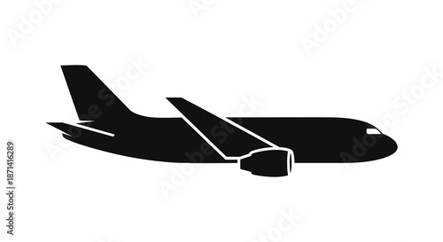 A simple black silhouette of a passenger airplane in flight showcasing its streamlined design