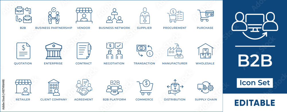 Fototapeta premium B2B Procurement & Smart Supply Chain Icon Set - Logistics, Vendor Management, Wholesale & Commerce Vectors