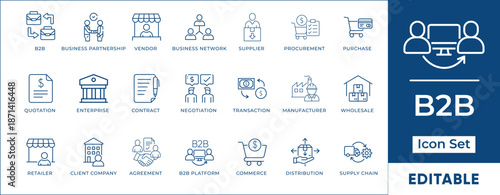 B2B Procurement & Smart Supply Chain Icon Set - Logistics, Vendor Management, Wholesale & Commerce Vectors