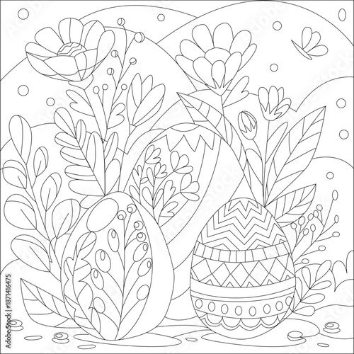 Easter-themed coloring pages, outline drawings of spring, eggs, and Easter bunnies. Relaxation and recreational images for children and adults, spring, Easter, and holidays