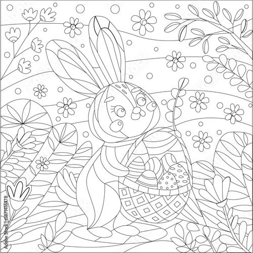 Easter-themed coloring pages, outline drawings of spring, eggs, and Easter bunnies. Relaxation and recreational images for children and adults, spring, Easter, and holidays