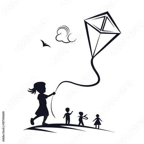 Child silhouette flying a large diamond kite, representing carefree childhood and outdoor play, vector art