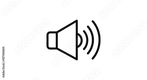 Simple black and white line drawing of a speaker emitting sound waves on a white background