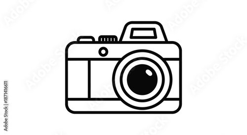 A simple black and white line drawing depicts a classic retro camera design with a lens
