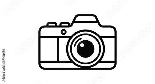 A simple black and white line drawing depicts a classic film camera with visible lens
