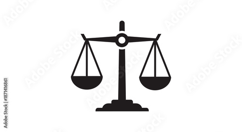 A simple black and white illustration depicts a traditional balance scale symbolizing justice and fairness