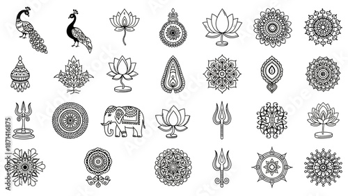 Vintage illustration set of vector floral elements and flower ornaments featuring four leaf shapes for decorative pattern design