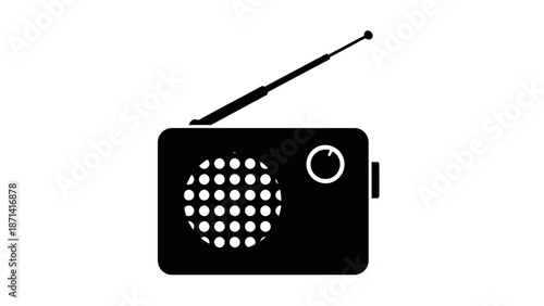 Portable vintage transistor radio with a black speaker and antenna isolated on a white background for retro audio music broadcasting