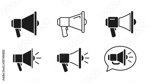 Set of black vector audio speaker icons and business megaphone symbols for office equipment illustrations in a 3d concept sign collection