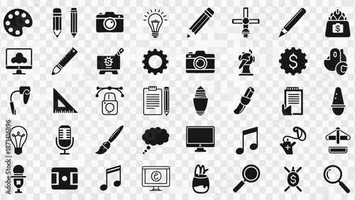 Set of vector icons of musical notes and web design symbols for mobile apps and internet media illustration