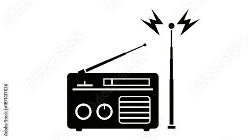 Vintage retro radio vector illustration featuring a portable FM stereo receiver with a classic antenna and speaker for old school music and audio