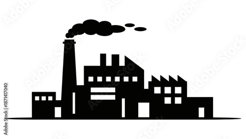 Black silhouette vector illustration of an industrial factory building and city skyline with urban skyscrapers and construction architecture