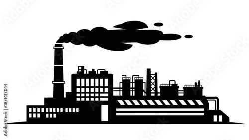 Black vector illustration of a city skyline silhouette featuring an industrial factory and urban buildings with a construction tower design