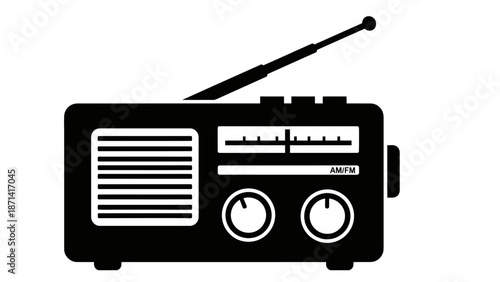 Retro radio icon and vintage audio receiver vector illustration featuring a portable FM tuner with an antenna and speaker isolated on a white background for music broadcasting equipment