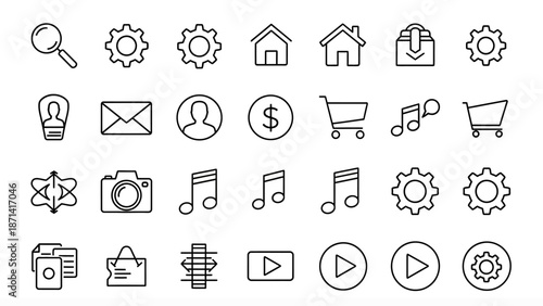 This vector collection features a professional business and web design icon set including internet technology symbols, communication signs, and computer media buttons for modern website illustration