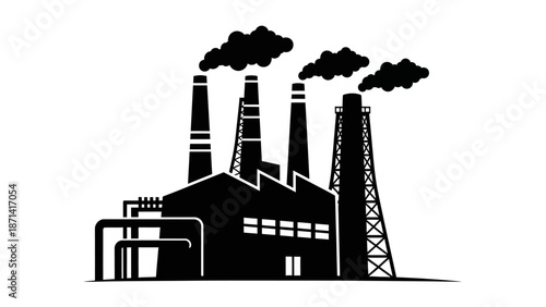 Black vector illustration of an old industrial factory silhouette featuring a city skyline with refinery towers and urban construction buildings in a clean architectural design