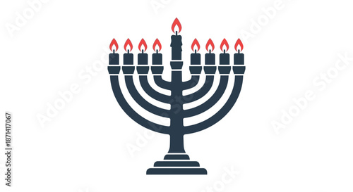 A simple illustration depicts a dark blue hanukkiah with eight lit red flames symbolizing hanukkah