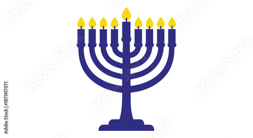 A simple illustration of a blue menorah with nine lit candles against a white background