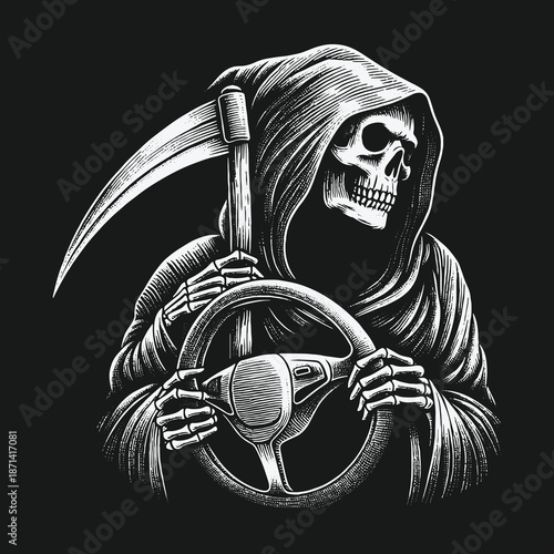 Grim Reaper Driving: A Darkly Humorous Automotive Illustration.
