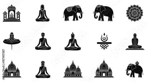 Vector illustration set of black religious symbols and people silhouettes featuring a group of diverse profile avatars and outline icons for business or personal design
