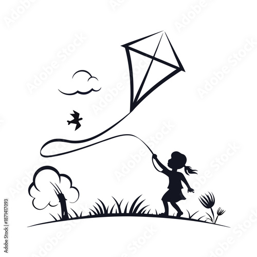 Energetic child silhouette flying a large kite, capturing the spirit of outdoor childhood fun, vector art
