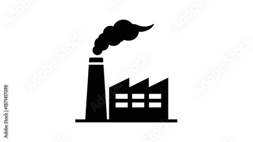A black vector silhouette of an industrial factory plant featuring a smoking chimney and urban city skyline icon design for a construction business symbol