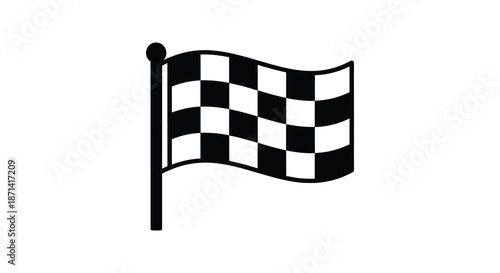 A simple black and white illustration depicts a checkered racing flag waving in the wind