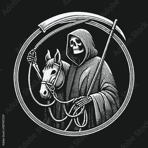 Grim Reaper and Horse: A Dark and Symbolic Illustration.