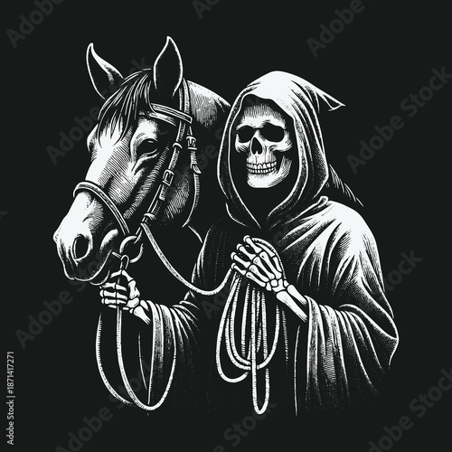 Grim Reaper and Horse: A Hauntingly Beautiful Monochrome Illustration.