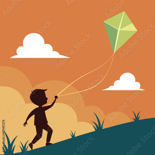 Silhouette of a child with a kite aloft, representing childhood dreams and outdoor exploration, vector illustration