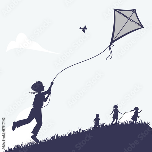 Silhouette of a child running with kite in hand, embodying childhood freedom and outdoor fun, vector illustration
