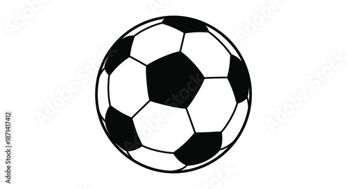 A simple black and white illustration depicting a classic soccer ball with traditional pentagonal and hexagonal panels