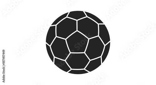 A simple black and white illustration of a classic soccer ball centered on a white background