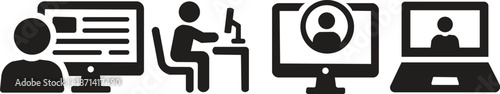 Online Education and Remote Work Icons Showing Computer User, Virtual Meeting, Digital Learning, Research and Work From Home Concepts for Business, Training and Technology Projects