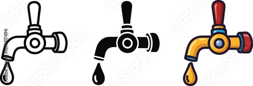Water tap dripping icon set illustrating conservation and leakage in three distinct styles