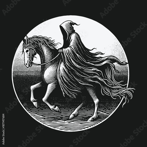 Grim Reaper on Horseback: A Haunting Woodcut Illustration of Death.
