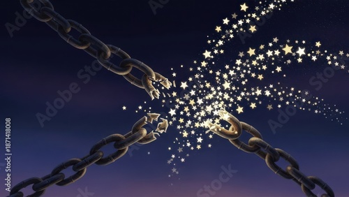 Twilight scene of chains breaking with sparks, a striking symbol of freedom, release, and liberation.