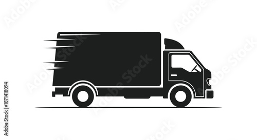 A sleek black silhouette of a delivery van speeding with motion lines conveying swift transport