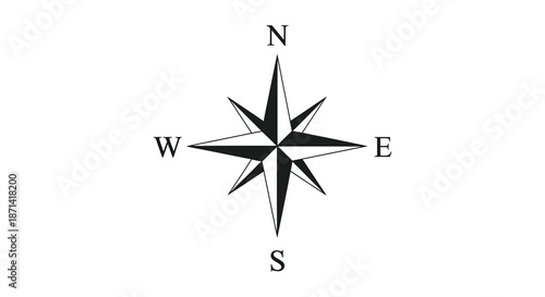 A classic black and white compass rose illustration indicating cardinal directions north south east and west