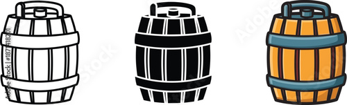 A clear black and white outline drawing of a traditional wooden barrel featuring metal bands and a top handle