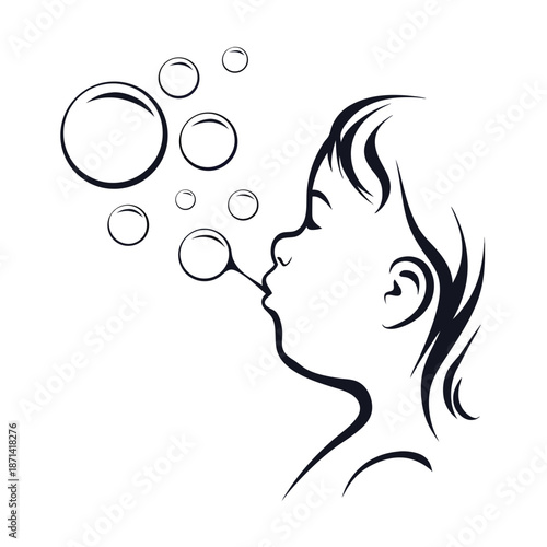 Happy child silhouette blowing colorful, round bubbles in the bright outdoors