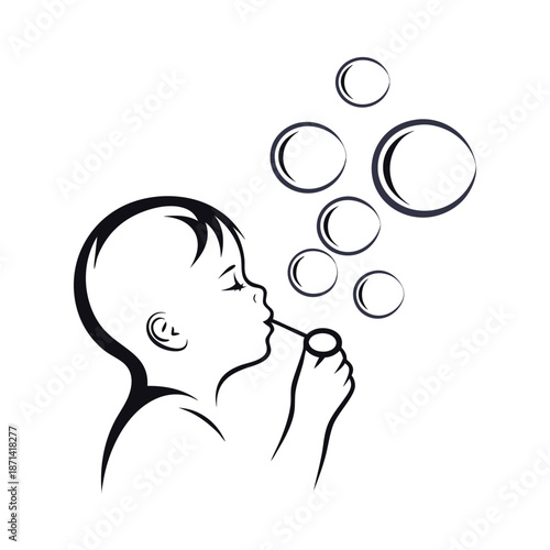 A child's silhouette happily blowing numerous round bubbles in the sunshine