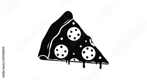 A simple black and white illustration depicts a single slice of pizza with pepperoni toppings