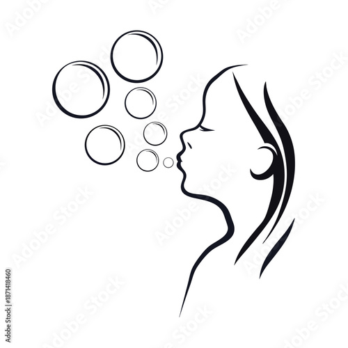 Playful child silhouette releasing a stream of shiny, round bubbles