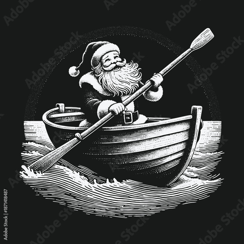 Santa Claus Rowing Boat on Water Christmas Holiday Illustration.