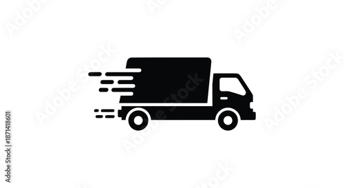 A simple black silhouette of a delivery truck speeding forward depicting fast transportation