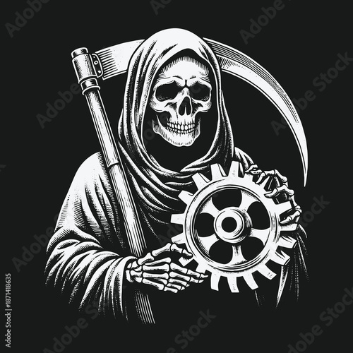 Grim Reaper Holding Gear: A Symbol of Industrial Death.