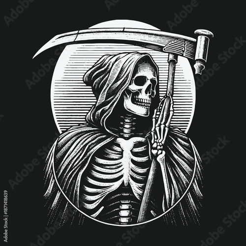 Grim Reaper with Scythe in Dark Monochrome Illustration.