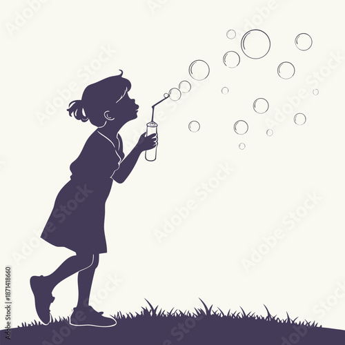 A child's silhouette in silhouette, blowing soap bubbles in the open air
